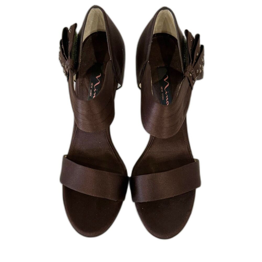 Nina New York Size 8 Brown Satin Bow Slingback Heels Wedding Evening‎ Shoes